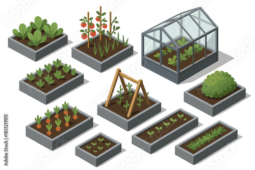 Isometric View of Plant Beds with Various Vegetables and Greenhouse in a Garden Setting