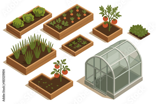 Isometric Garden Layout with Raised Beds and Greenhouse Surrounded by Vegetables and Herbs