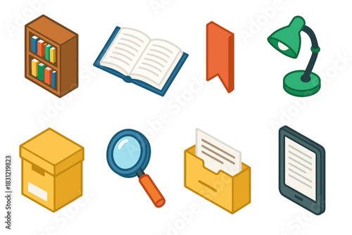 Isometric Illustration of Educational Desk Items Including Books Lamp and Magnifying Glass