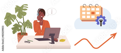 Customer service representative at desk using headset, calendar scheduling tool, upward trend graph. Ideal for communication, customer support, planning, time management, business growth, consulting