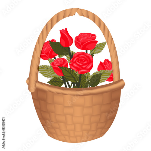 A bouquet of bright red roses in a basket tied with a scarlet bow. Vector illustration isolated on a white background.