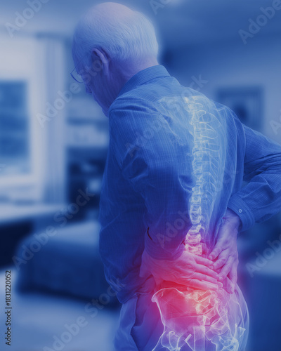 An elderly man holds his lower back in pain with a highlighted spine overlay illustrating discomfort in the lumbar region.