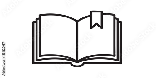 Bookmark sticker with book thin line icon, book festival concept. Vector graphics. Sticker of textbook reading, bookmark sign on white background, style icon mobile or web design.
