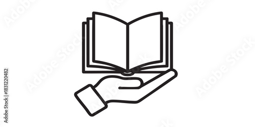 Magazine book in hand thin line icon, book festival concept. Vector graphics. Hand with journal textbook, promotion sign on white background, style icon mobile or web design