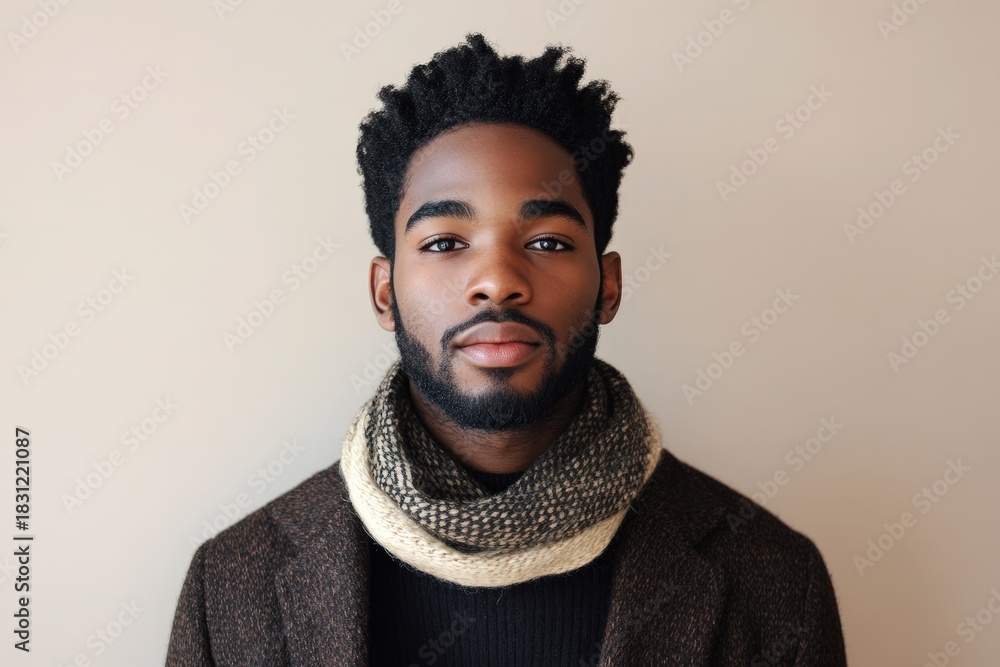 Obraz premium Young adult male with dark skin and natural hair poses looking directly forward