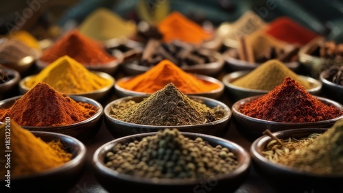 Fototapeta Naklejka Na Ścianę i Meble -  Colorful spice powders and whole spices in small bowls