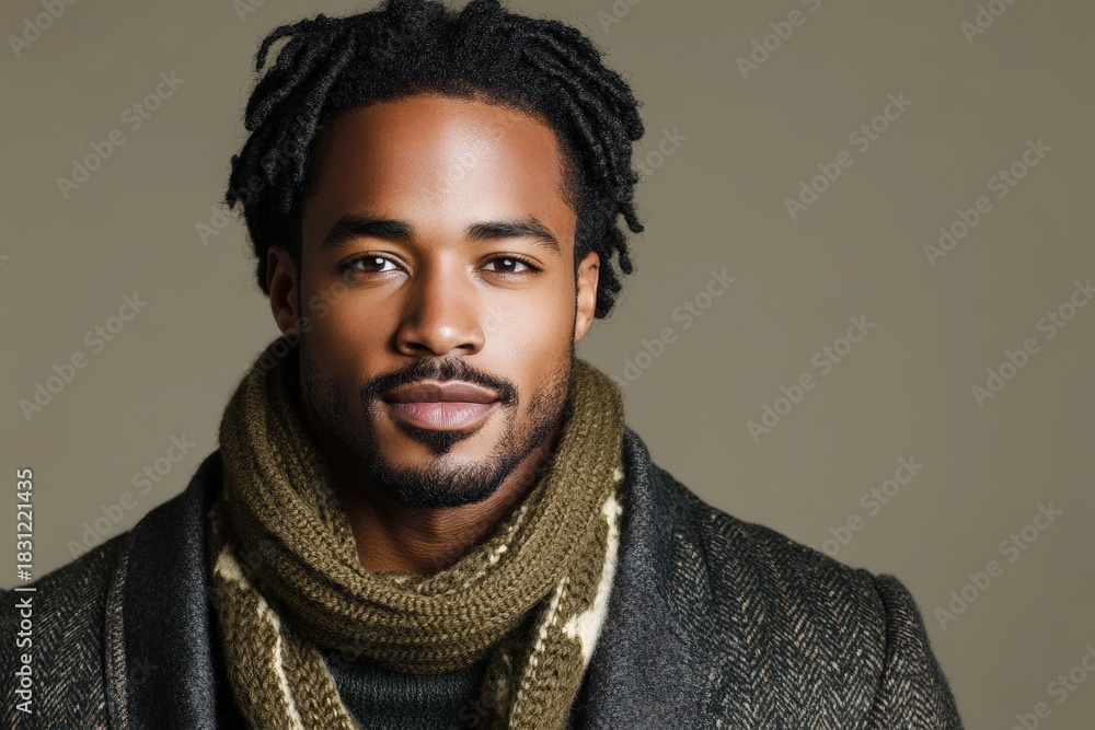 Obraz premium Handsome man with dreadlocks wearing a thick patterned scarf and warm outerwear