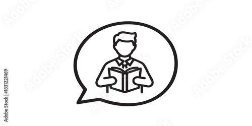 Writer man with book in popup bubble thin line icon, book festival concept. Vector graphics. Book author, artist tells story sign on white background, style icon mobile or web design