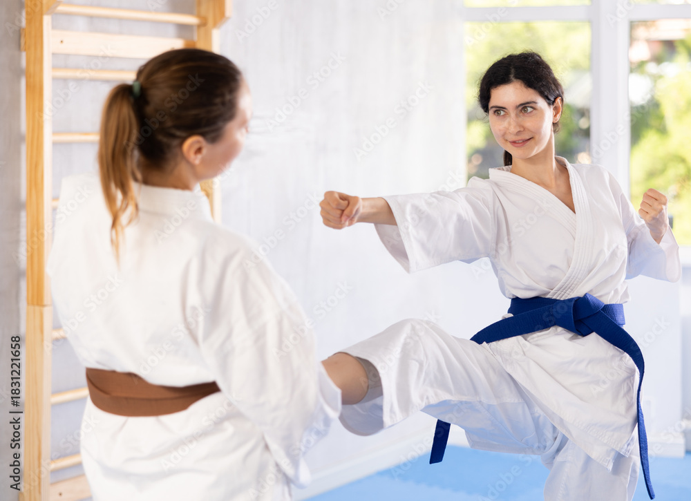 Obraz premium Karate practitioners showcase their techniques in dynamic sparring session, focusing on speed and accuracy.