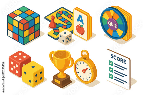 Colorful Collection of Board Game Elements Including Dice, Trophy and Quiz Wheel