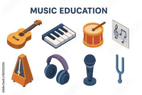 Colorful Icons Representing Music Education Including Instruments and Accessories