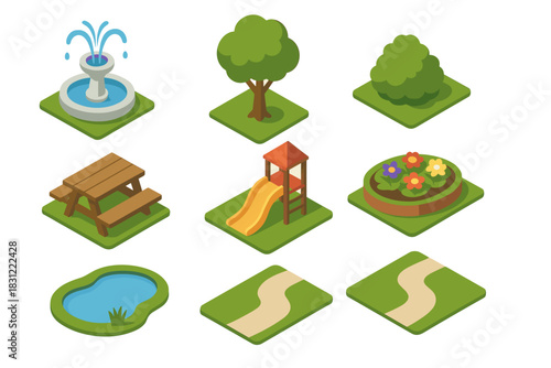 Colorful Isometric Park Layout Featuring Fountain Trees Picnic Area Playground Floral Garden