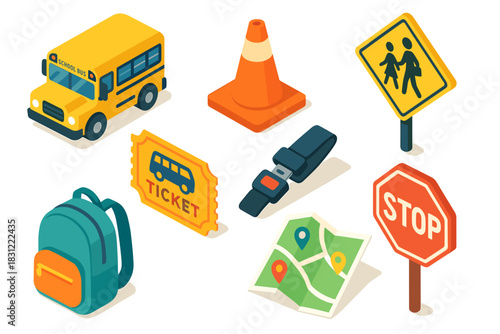Colorful School and Traffic Safety Icons Including School Bus Stop Sign Backpack and Traffic Cone