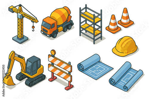 Construction Elements Including Crane, Cement Truck, Safety Gear and Blueprints on Black Background