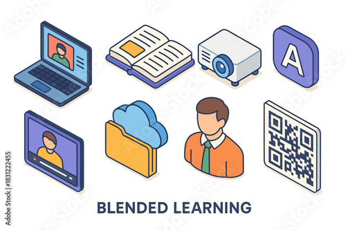 Digital Learning Tools for Modern Education Featuring Laptop Projector and QR Code