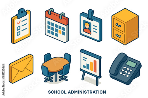 Icons Representing School Administration Including Calendar Checklist Phone and Desk