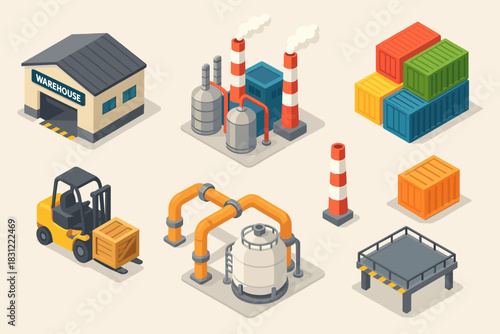 Industrial Warehouse and Storage Area with Forklift, Containers, and Smoke Stacks