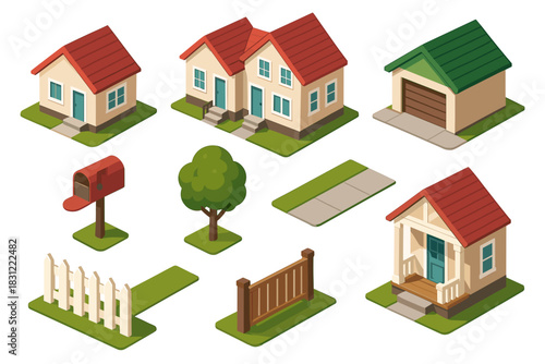 Isometric Illustration of Colorful Houses and Trees with Pathway and Fences