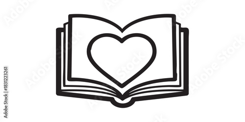 Book on heart thin line icon, book festival concept. Vector graphics. Heart shape with textbook, favorite sign on white background, style icon mobile or web design