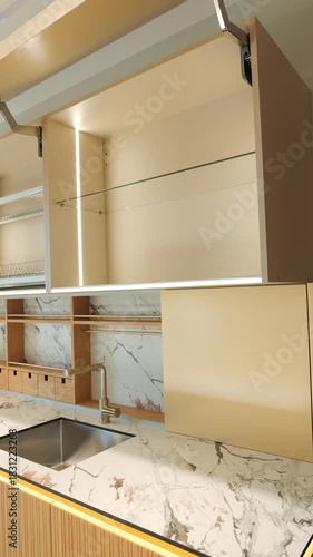 modern kitchen features a marble countertop with wooden accents and sleek appliances. Concept of luxury, contemporary design, and high-end culinary spaces.