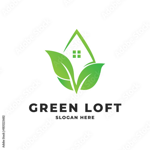 house leaf green logo design concept creative idea
