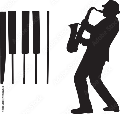 Saxophone player silhouette and piano keys for music concept