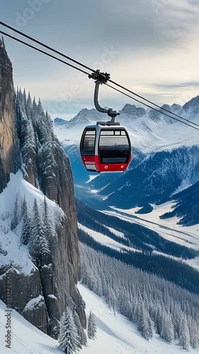 Cable car ascending steep snowy alpine mountainside with tall rock faces