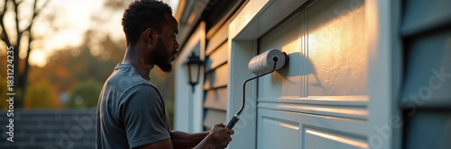 Painting house exterior with white paint using roller on a sunny day. Painting house is performed by man near trees and siding, with door painted. Concept painting house for home improvement projects,