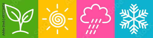 Set of season icons with weather symbols sun, cloud, sprout and snowflake. Flat colorful vector illustration of summer, autumn, winter and spring.