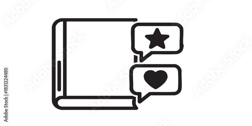 Textbook and dialog bubbles thin line icon, positive review concept. Vector graphics. Book with star and heart, story reading sign on white background, style icon mobile or web desig