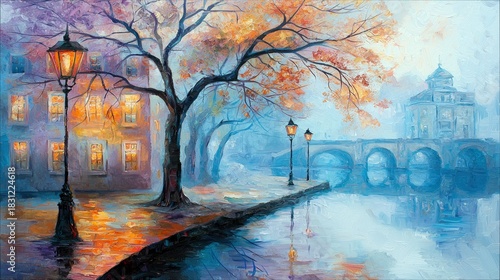 A beautiful cityscape painting featuring a bridge, street lamps, and buildings. The scene is set in an autumn environment with warm and cool colors.