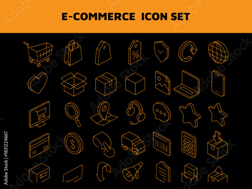 3D Line Art E-Commerce Icons – Minimal Isometric Online Shopping Outline Set
