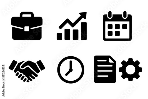 Business Icons Representing Growth Plans Collaboration Time Management and Documentation