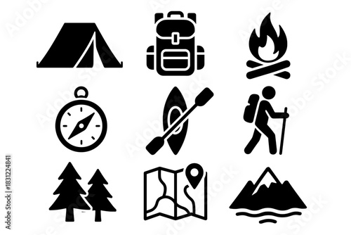 Camping Adventure Elements Including Tent Backpack Campfire Mountain Landscape and Hiking Gear