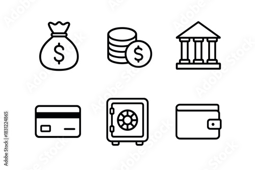 Collection of Financial Symbols Representing Money Banking and Payments on a White Background