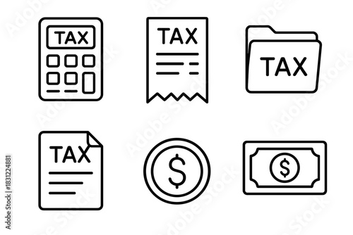 Collection of Tax Related Documents Including Forms Receipts and Money Icon on White Background