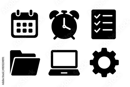 Collection of Time Management and Organization Icons Featuring Calendar Clock Checklist Laptop and Gear
