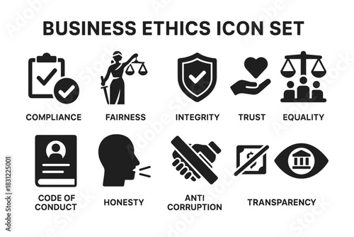 Vector Icon Set Representing Business Ethics with Symbols of Integrity Fairness Transparency and Trust