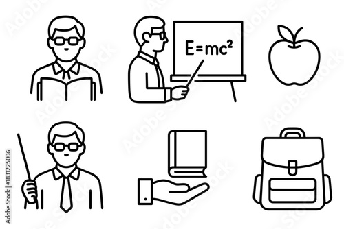 Teacher Giving Lesson in Classroom with Black Board and Educational Elements in Background