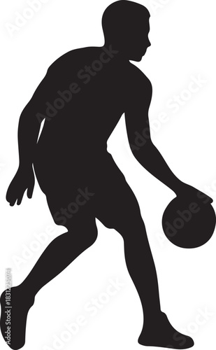 Basketball player silhouette dribbling ball, dynamic action