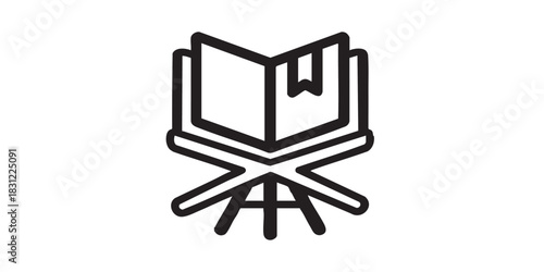 Book with bookmark on tripod stand thin line icon, book festival concept. Vector graphics. Textbook presentation, promotion sign on white background, style icon mobile or web desig