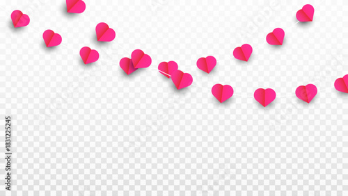 A garland of red hearts forms a seamless frame. A decoration for Valentine's Day, weddings, and Mother's Day. Vector on a transparent background.
