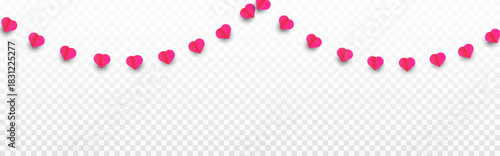 A garland of red hearts forms a seamless frame. A decoration for Valentine's Day, weddings, and Mother's Day. Vector on a transparent background.