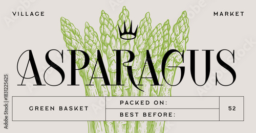 Asparagus, vegetable. Tag, label, sign, vintage retro print, black white asparagus drawing, sketch ink pencil draw, engrave old school style. Sketch artwork silhouette asparagus. Vector Illustration