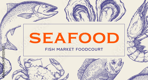 Card, seafood tag, label, symbol sketch. Vintage retro print, seafood sketch, sea life, ink pencil style drawing engrave old school sketch, hand drawn. Sketch artwork seafood. Vector Illustration