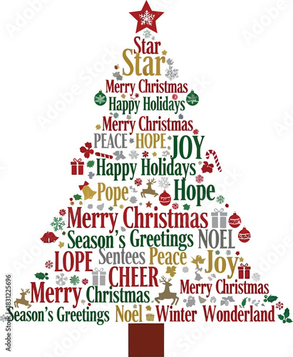 Festive Christmas tree made of holiday greetings and festive icons