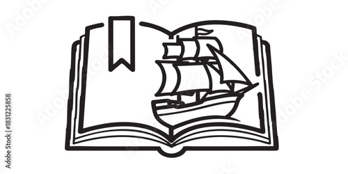 Ship and book with bookmark thin line icon, book festival concept. Vector graphics. Book with vessel, marine story sign on white background, style icon mobile or web design