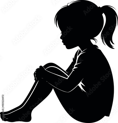 Young girl silhouette sits hugging her knees with a thoughtful expression, transparent background