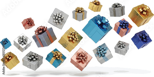 Colorful gift boxes floating on white background create festive feeling