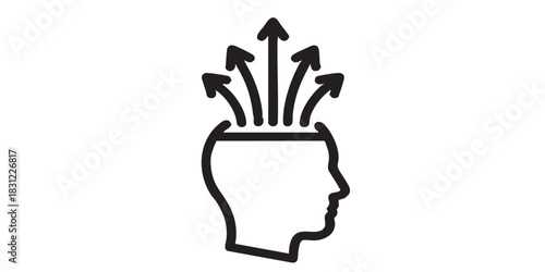 Arrows above man head thin line icon, data hoarding concept. Vector graphics. Human head and information flow income sign on white background, style icon mobile or web design